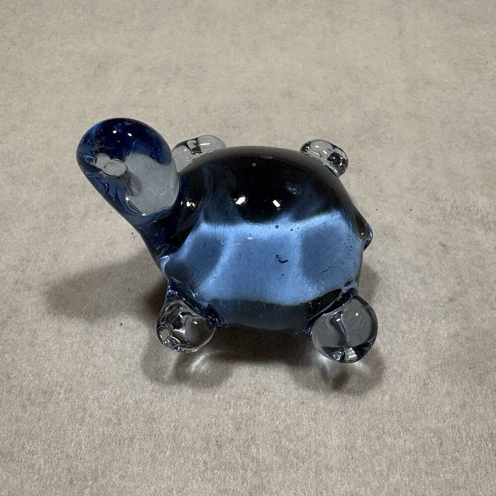 Blue Art Glass Turtle Figurine Paperweight Hand Blown Murano Style Clear Feet 3”